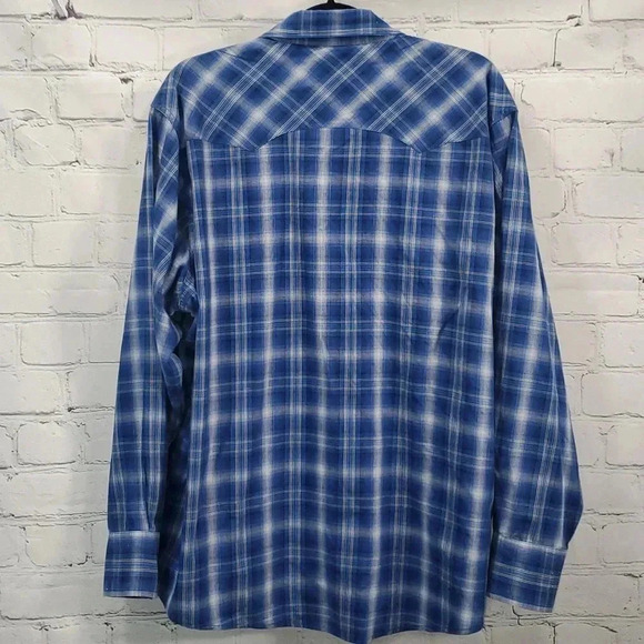 Wrangler Wrancher Pearl Snap Large Blue Plaid Shirt Western Cowboy Cotton Blend - Picture 10 of 11